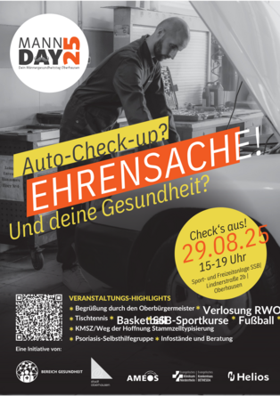Das Bild zeigt einen Mechaniker, der sich über eine geöffnete Motorhaube lehnt. Text: Auto-check-up? Ehrensache! Und deine Gesundheit?